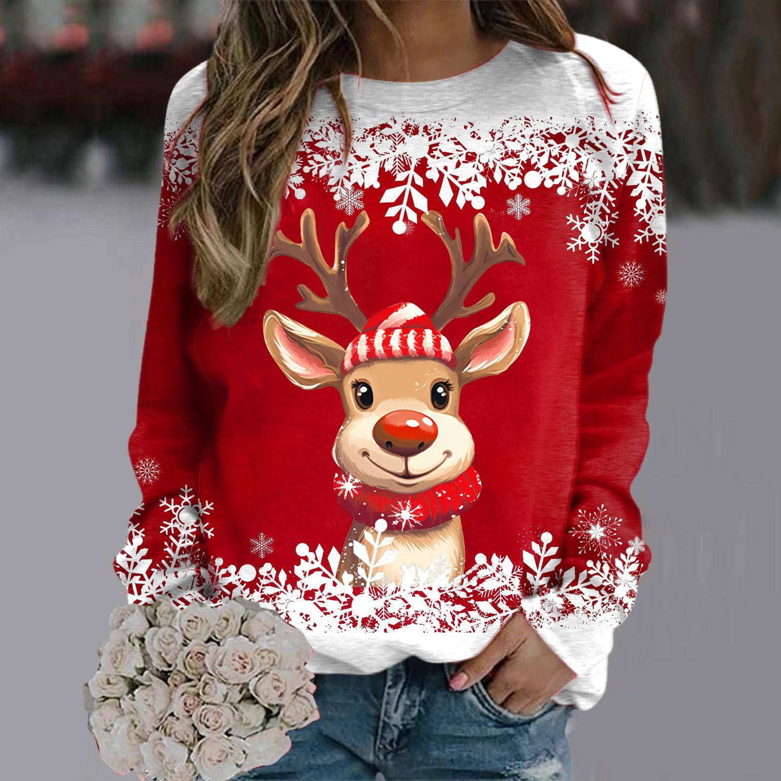 Weihnachtspullover für Damen und Mädchen, langärmelig, Rundhalsausschnitt, süße Rentier-Grafik, Weihnachts-Y2k-Kapuzenpullover, langärmelige Oberteile M von Joom DACH