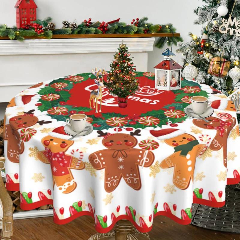 Weihnachtsrot Runde Tischdecke Weihnachts Tischdeko Weihnachtsmann Schneemann Muster Wiederverwendbare Tischdecke Weihnachtsdekoration Round 152cm*152cm von Joom DACH