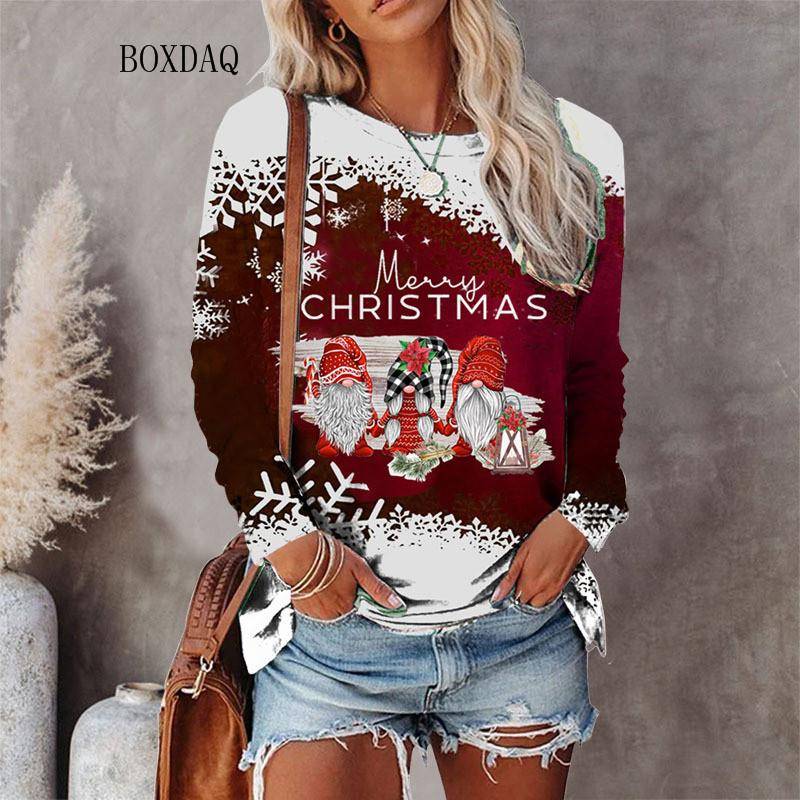 Weihnachtsstil Damen T-Shirts Herbst Winter Langarm 3D Weihnachten Schneemann Print Street Hip Hop Damen T-Shirts 6XL Big Size Tops 2XL von Joom DACH