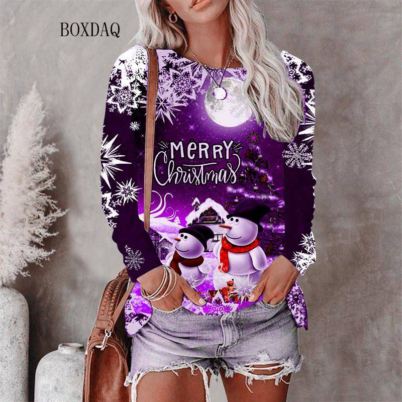 Weihnachtsstil Damen T-Shirts Herbst Winter Langarm 3D Weihnachten Schneemann Print Street Hip Hop Damen T-Shirts 6XL Big Size Tops 3XL von Joom DACH