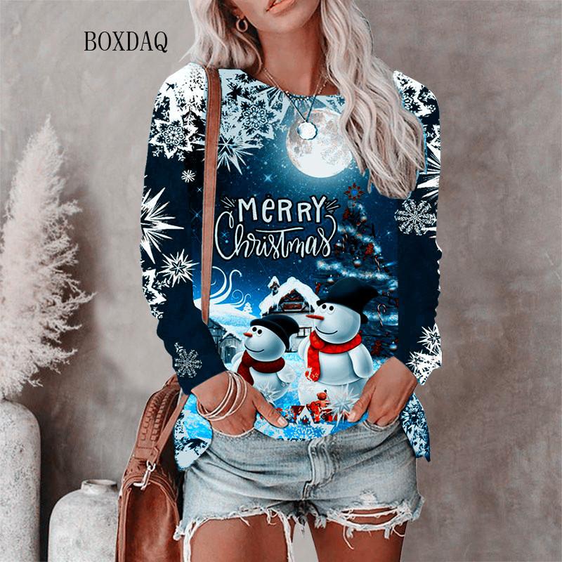 Weihnachtsstil Damen T-Shirts Herbst Winter Langarm 3D Weihnachten Schneemann Print Street Hip Hop Damen T-Shirts 6XL Big Size Tops L von Joom DACH