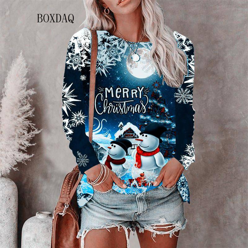 Weihnachtsstil Damen T-Shirts Herbst Winter Langarm 3D Weihnachten Schneemann Print Street Hip Hop Damen T-Shirts 6XL Big Size Tops L von Joom DACH