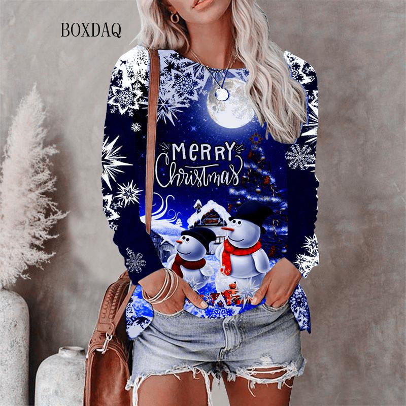 Weihnachtsstil Damen T-Shirts Herbst Winter Langarm 3D Weihnachten Schneemann Print Street Hip Hop Damen T-Shirts 6XL Big Size Tops L von Joom DACH