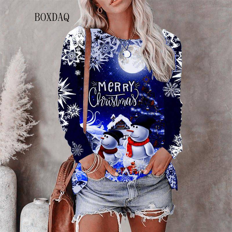 Weihnachtsstil Damen T-Shirts Herbst Winter Langarm 3D Weihnachten Schneemann Print Street Hip Hop Damen T-Shirts 6XL Big Size Tops L von Joom DACH