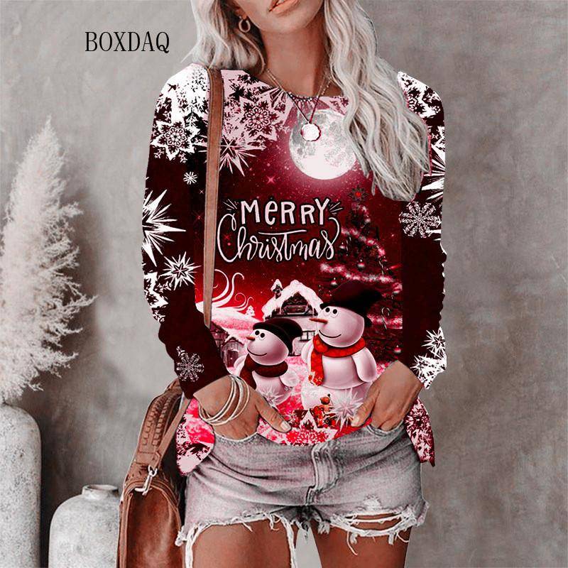 Weihnachtsstil Damen T-Shirts Herbst Winter Langarm 3D Weihnachten Schneemann Print Street Hip Hop Damen T-Shirts 6XL Big Size Tops M von Joom DACH