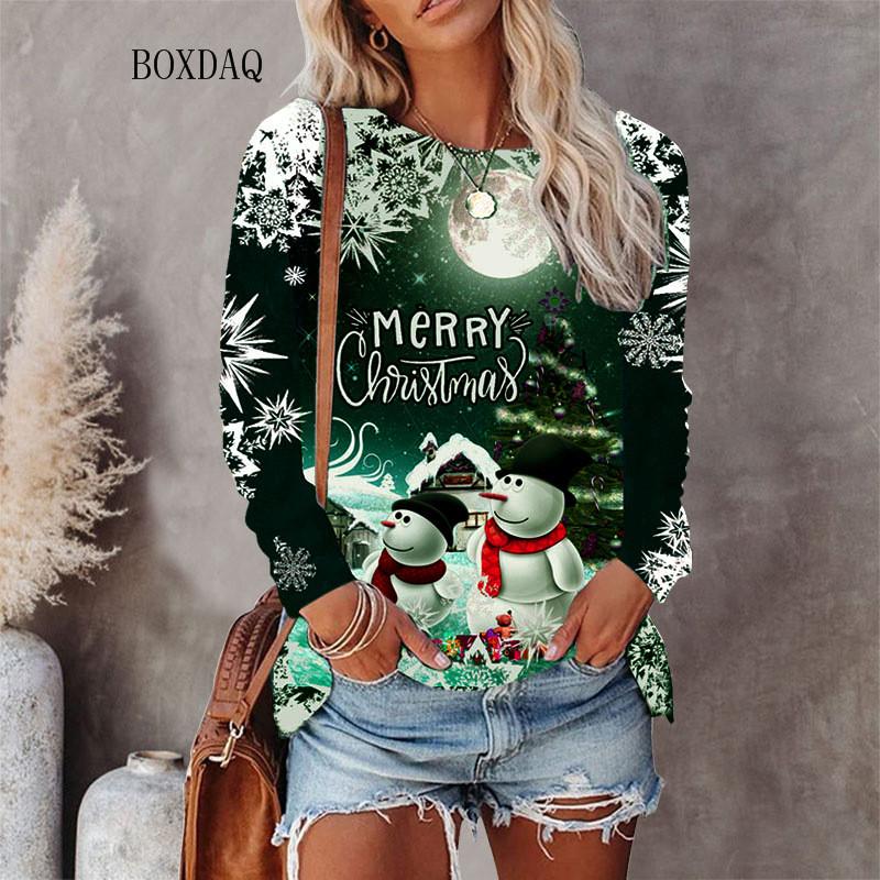 Weihnachtsstil Damen T-Shirts Herbst Winter Langarm 3D Weihnachten Schneemann Print Street Hip Hop Damen T-Shirts 6XL Big Size Tops S von Joom DACH