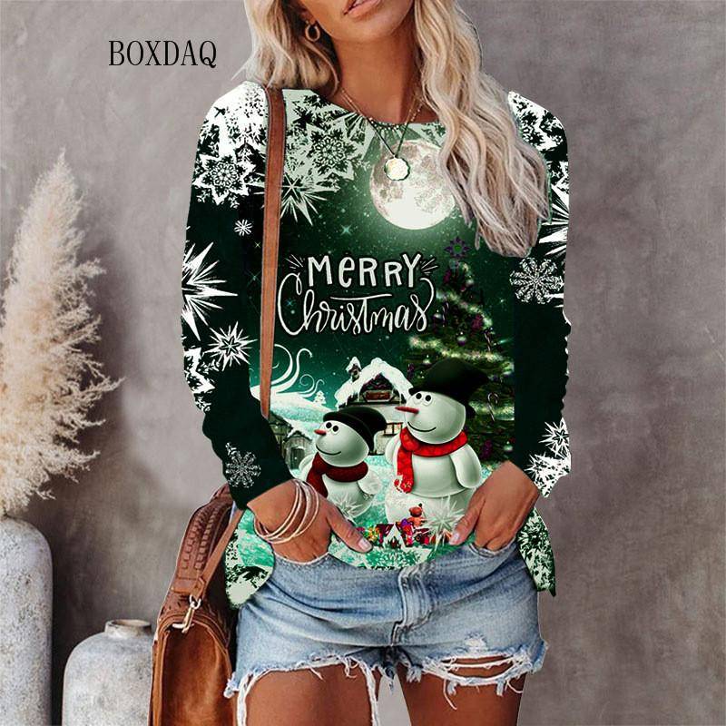 Weihnachtsstil Damen T-Shirts Herbst Winter Langarm 3D Weihnachten Schneemann Print Street Hip Hop Damen T-Shirts 6XL Big Size Tops S von Joom DACH