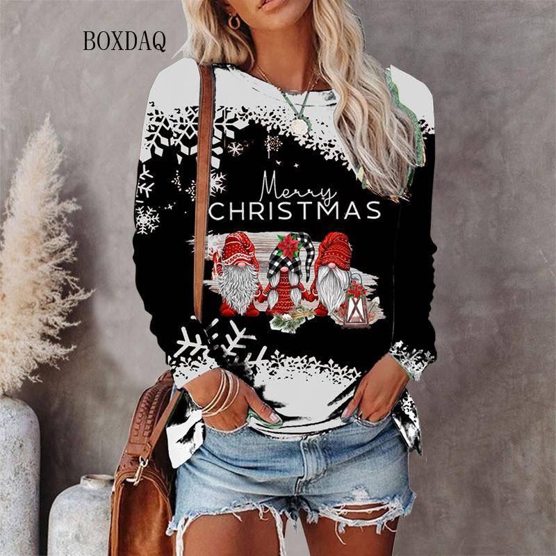 Weihnachtsstil Damen T-Shirts Herbst Winter Langarm 3D Weihnachten Schneemann Print Street Hip Hop Damen T-Shirts 6XL Big Size Tops S von Joom DACH