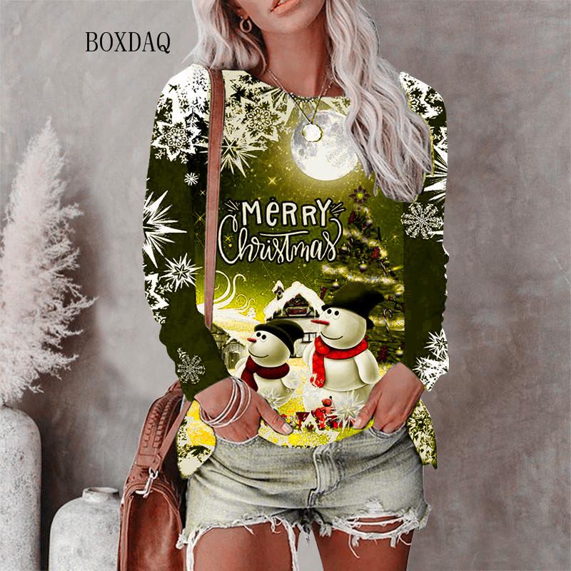 Weihnachtsstil Damen T-Shirts Herbst Winter Langarm 3D Weihnachten Schneemann Print Street Hip Hop Damen T-Shirts 6XL Big Size Tops XL von Joom DACH