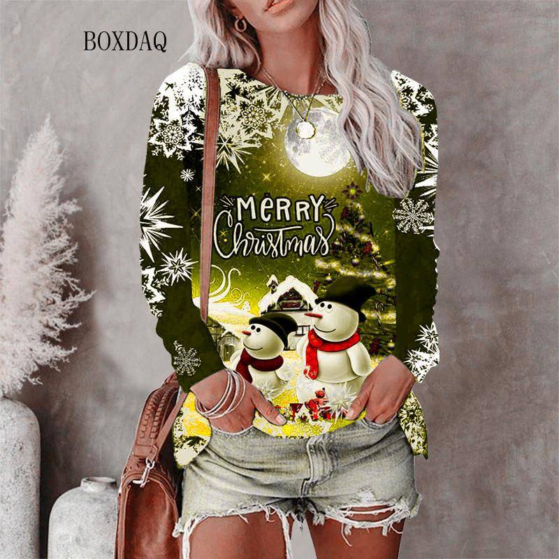 Weihnachtsstil Damen T-Shirts Herbst Winter Langarm 3D Weihnachten Schneemann Print Street Hip Hop Damen T-Shirts 6XL Big Size Tops XL von Joom DACH