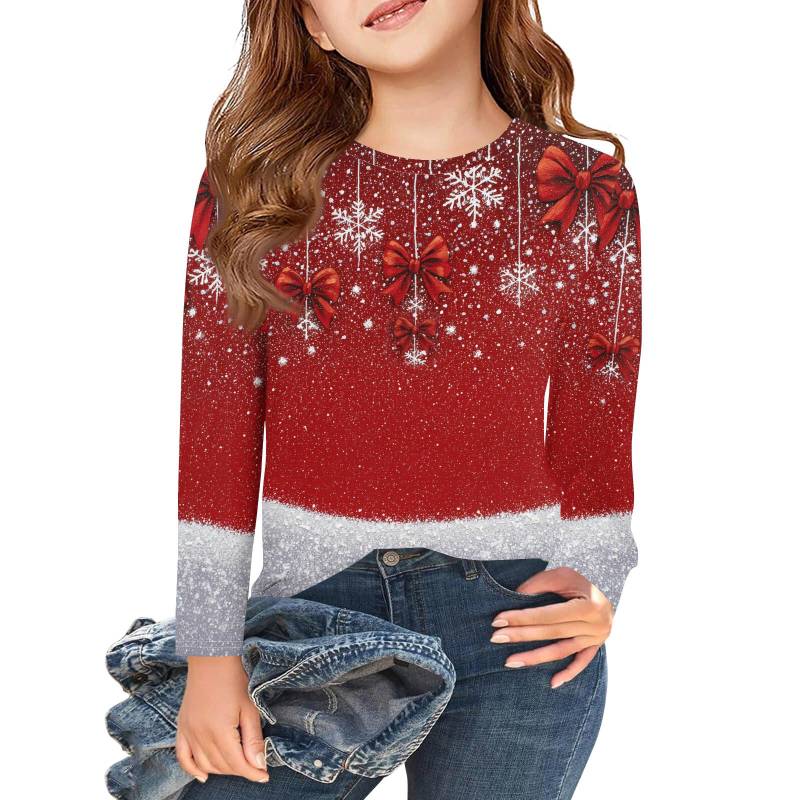 Weihnachtstag Mädchen Langarm T-Shirts Kinder Herbst Oberteile Rundhalsausschnitt Bedruckte Basic T-Shirts 140 rot von Joom DACH