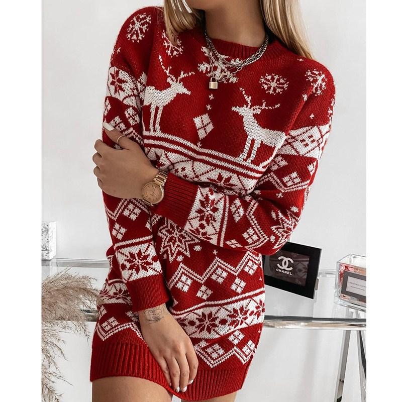 Weihnachtsthema Damen Neuer Pullover Elch Schneeflocke Weihnachten Jacquard Strickkleid L rot von Joom DACH