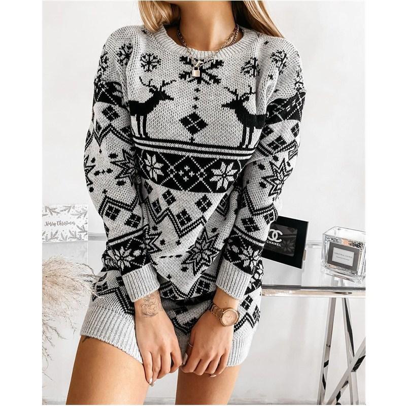 Weihnachtsthema Damen Neuer Pullover Elch Schneeflocke Weihnachten Jacquard Strickkleid XL grau von Joom DACH