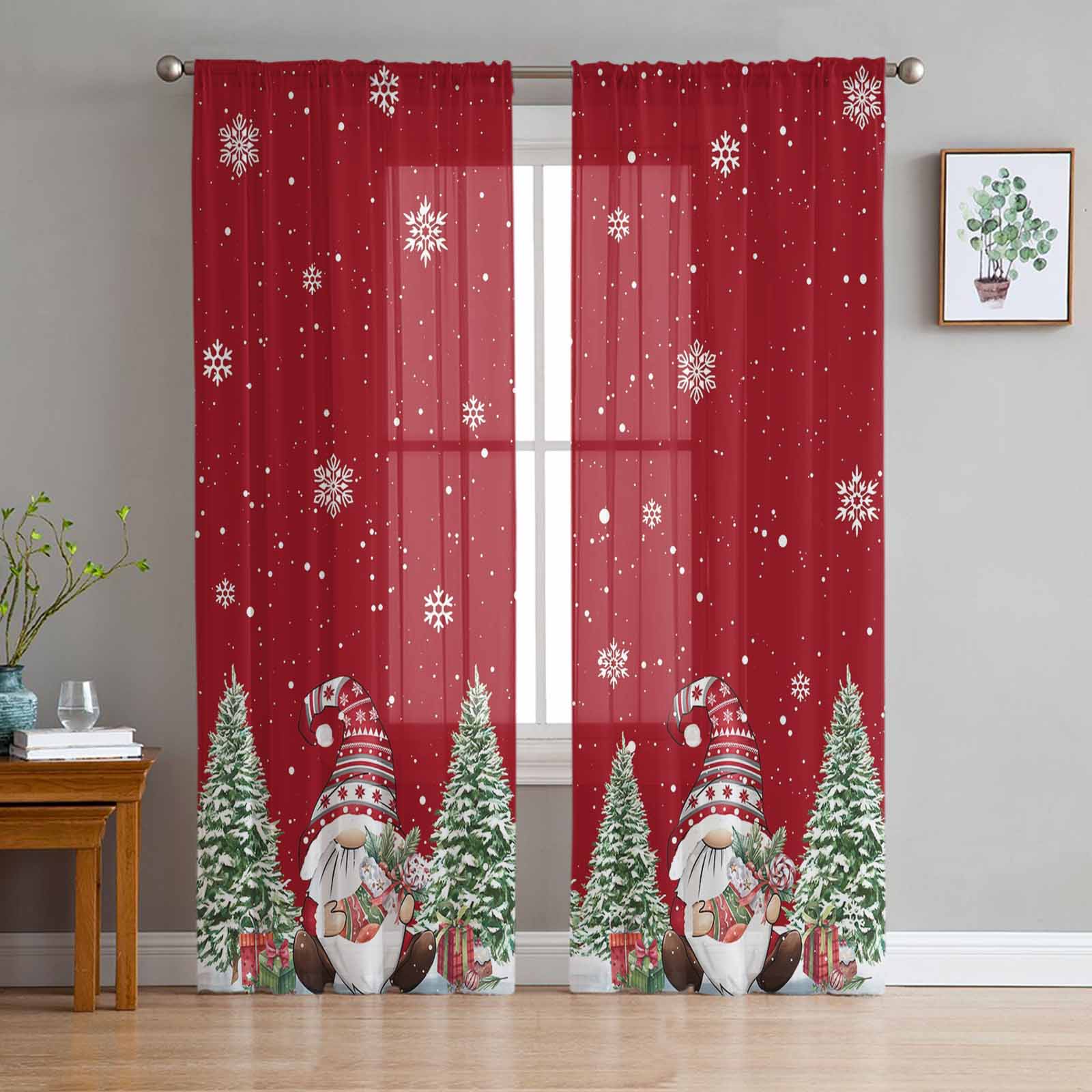Weihnachtswichtel mit Holzmaserung und Schnee, transparente Vorhänge, Weihnachtsdekoration für Zuhause, Fenster, Tüllvorhänge für Wohnzimmer und Schlafzimmer W135 x H114cm von Joom DACH