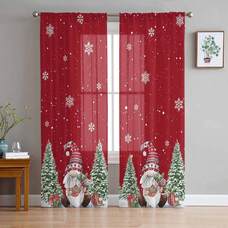 Weihnachtswichtel mit Holzmaserung und Schnee, transparente Vorhänge, Weihnachtsdekoration für Zuhause, Fenster, Tüllvorhänge für Wohnzimmer und Schlafzimmer W135 x H114cm von Joom DACH