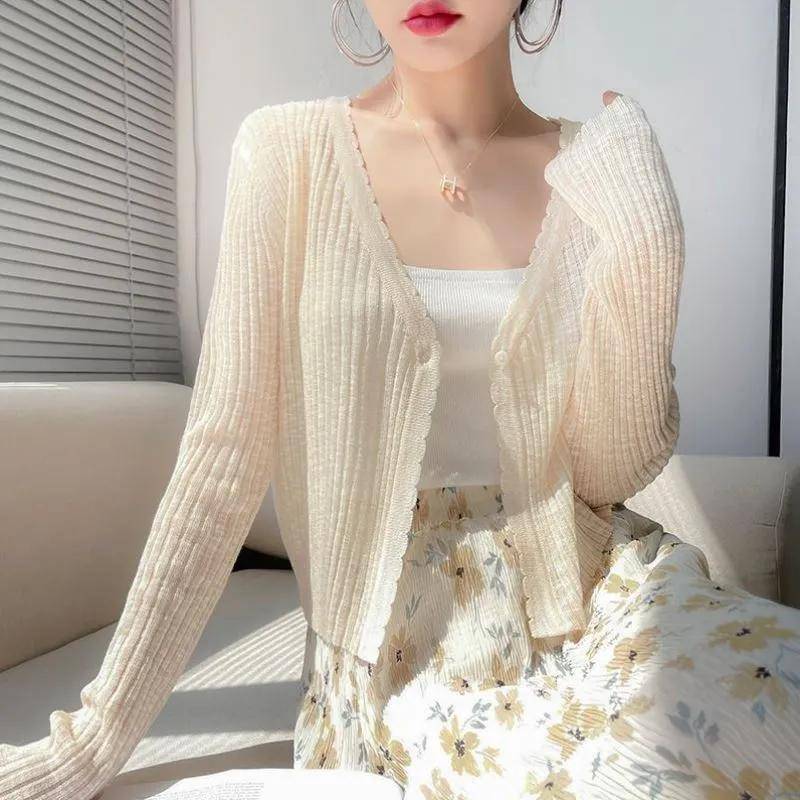 Weiß gestrickte Sonnenschutzkleidung Damen Sommer Strickjacke dünn mit Rock Kurzer Schalmantel One Size beige von Joom DACH