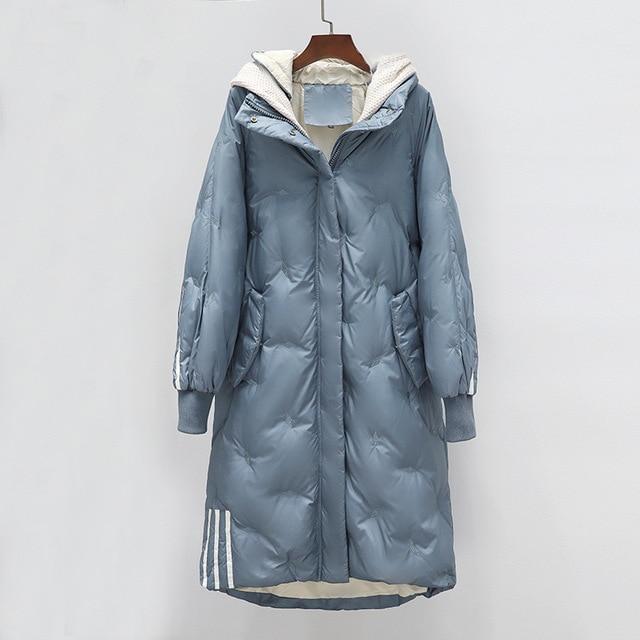 Weiße Ente Daunenjacke, weiblich, Winter, lockerer langer Abschnitt, koreanische Mode, zum Schutz vor Kälte, gestrickte Mütze, gefälschter Zwei-Frauen-Mantel M blau von Joom DACH