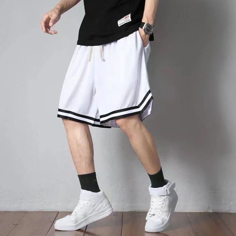 Weiße Patchwork-Farbe Lockere Oversized Sportshorts Herren Basketballshorts Dünn und Atmungsaktiv Kordelzug Elastischer Bund Design Lässig Neue Mode M weiß von Joom DACH