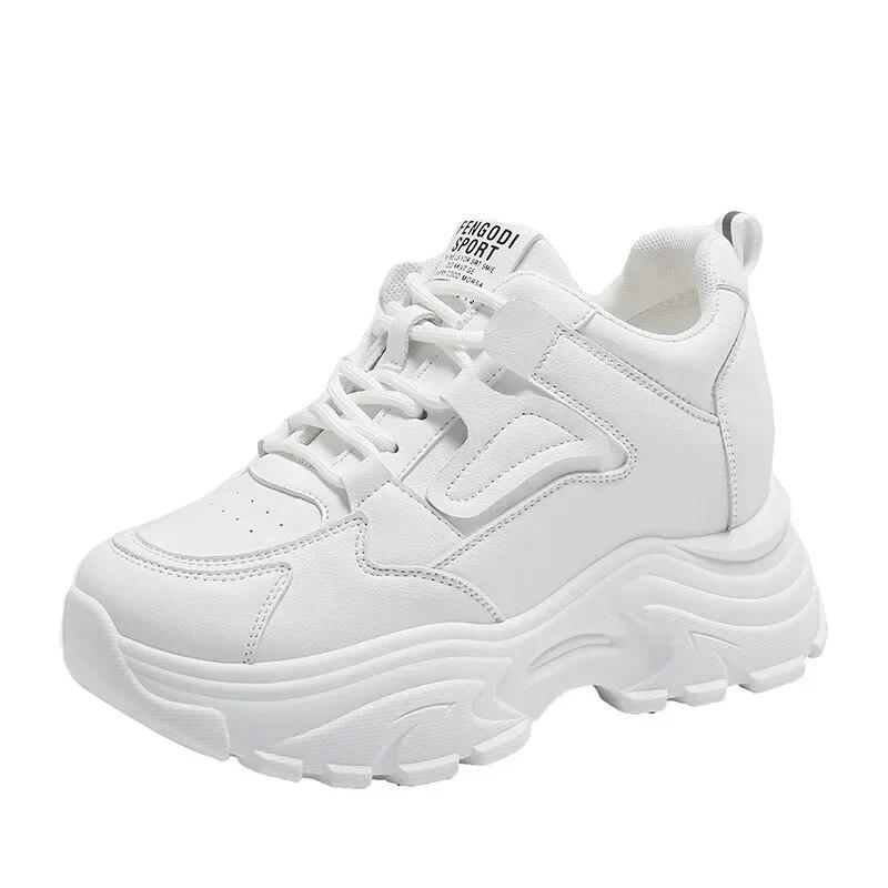 Weiße Plateau-Sneakers für Damen, Herbst, Schnürschuhe, dicke Unterseite, Sportschuhe für Damen, Pu-Leder, atmungsaktive Wanderschuhe, weiblich 38 von Joom DACH
