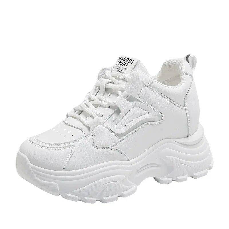 Weiße Plateau-Sneakers für Damen, Herbst, Schnürschuhe, dicke Unterseite, Sportschuhe für Damen, Pu-Leder, atmungsaktive Wanderschuhe, weiblich 38 von Joom DACH