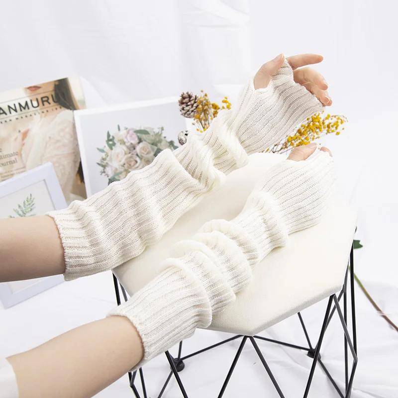 Weiße lange fingerlose Handschuhe im Lolita-Stil für Damen, Winter-Armwärmer, gestrickte Armmanschetten, lässig, weiche Punk-Gothic-Fäustlinge weiß von Joom DACH