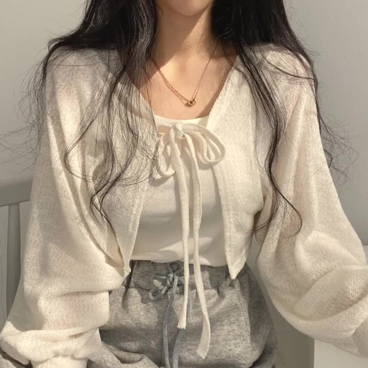 Weißer Strickcardigan Damen Dünn Sonnenschutz Schnürung Strickoberteile Weiblich Koreanischer Stil Laternenärmel Kurzer Mantel M beige von Joom DACH