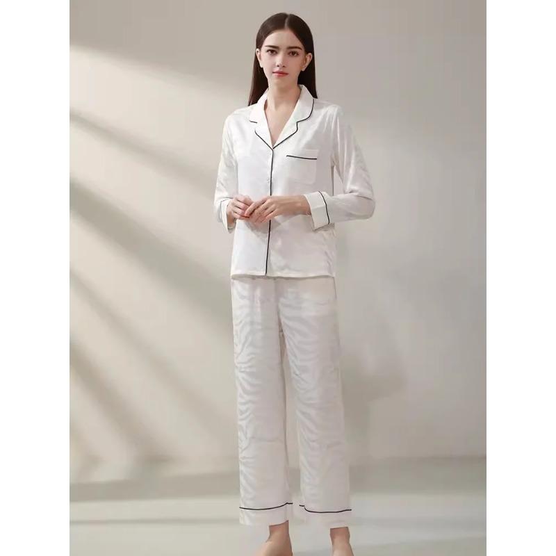 Weißer zweiteiliger Damen-Pyjama aus reiner Seide, langärmliges Oberteil und Hose, Schlafset, Loungewear-Set, Pyjama, Schlafanzug für Damen L von Joom DACH
