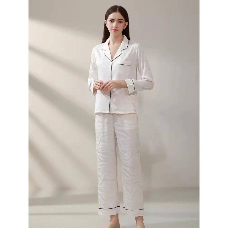 Weißer zweiteiliger Damen-Pyjama aus reiner Seide, langärmliges Oberteil und Hose, Schlafset, Loungewear-Set, Pyjama, Schlafanzug für Damen L von Joom DACH