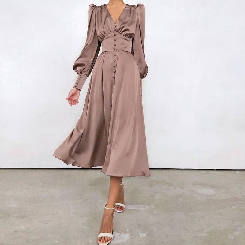 Weißes, einreihiges, elegantes Kleid für Damen, Party-Robe, hohe Taille, langes Satinkleid L rosa von Joom DACH