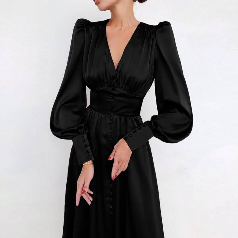 Weißes, einreihiges, elegantes Kleid für Damen, Party-Robe, hohe Taille, langes Satinkleid S schwarz von Joom DACH
