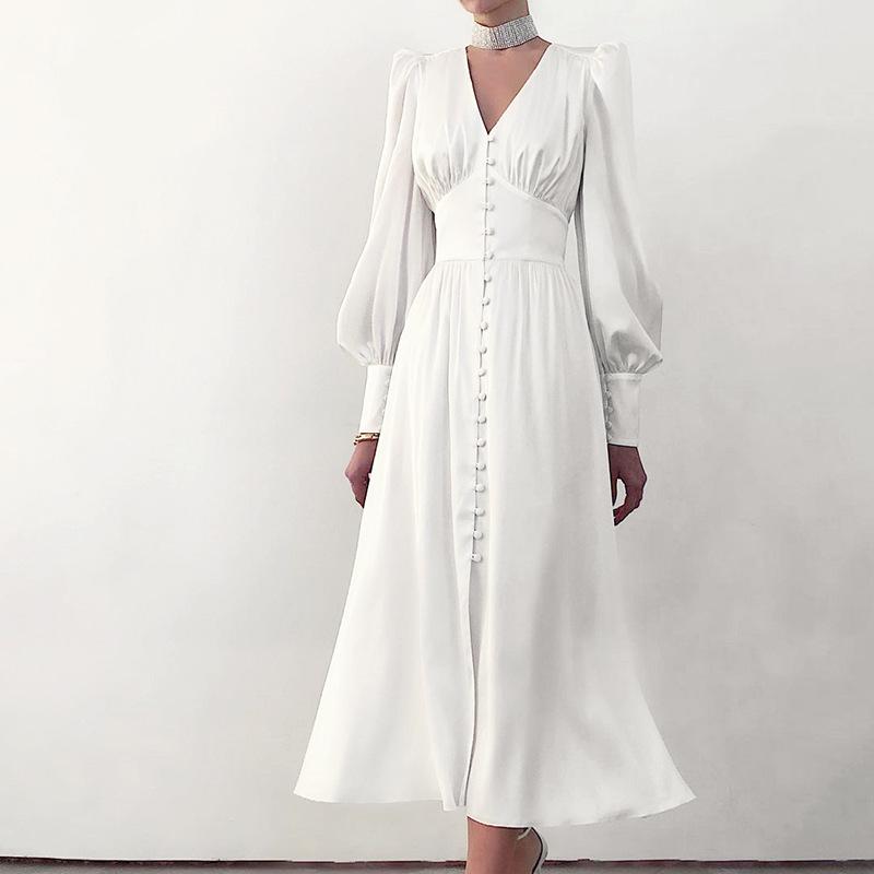 Weißes, einreihiges, elegantes Kleid für Damen, Party-Robe, hohe Taille, langes Satinkleid S von Joom DACH