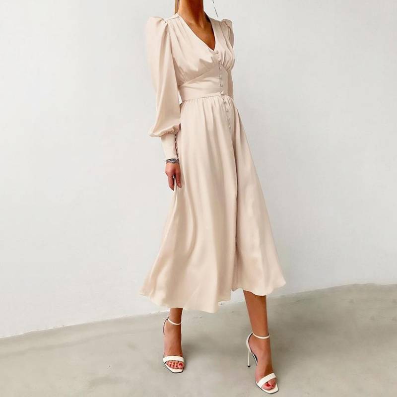 Weißes, einreihiges, elegantes Kleid für Damen, Party-Robe, hohe Taille, langes Satinkleid S von Joom DACH