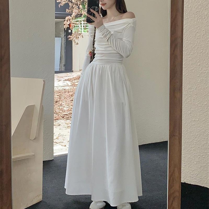 Weißes Langarmkleid für Damen Frühling, Herbst und Winter High-End-Feeling Taille innen mit schulterfreiem Unterkleid S weiß von Joom DACH