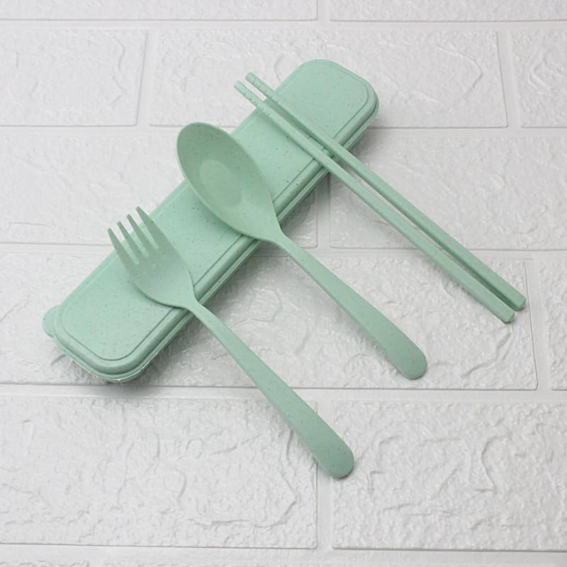 Weizenhalm Besteckset Abendessen Essstäbchen Löffel Gabel Set Tragbares Besteck mit Etui für Zuhause grün von Joom DACH