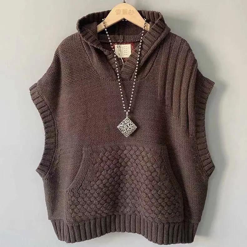 Weste, Breite Schultern, Geflochtene Strickjacke Mit Kapuze, Koreanischer Casual-Stil Mit Großen Taschen Für Damen Im Herbst Und Winter XXXXXL kaffeebraun von Joom DACH