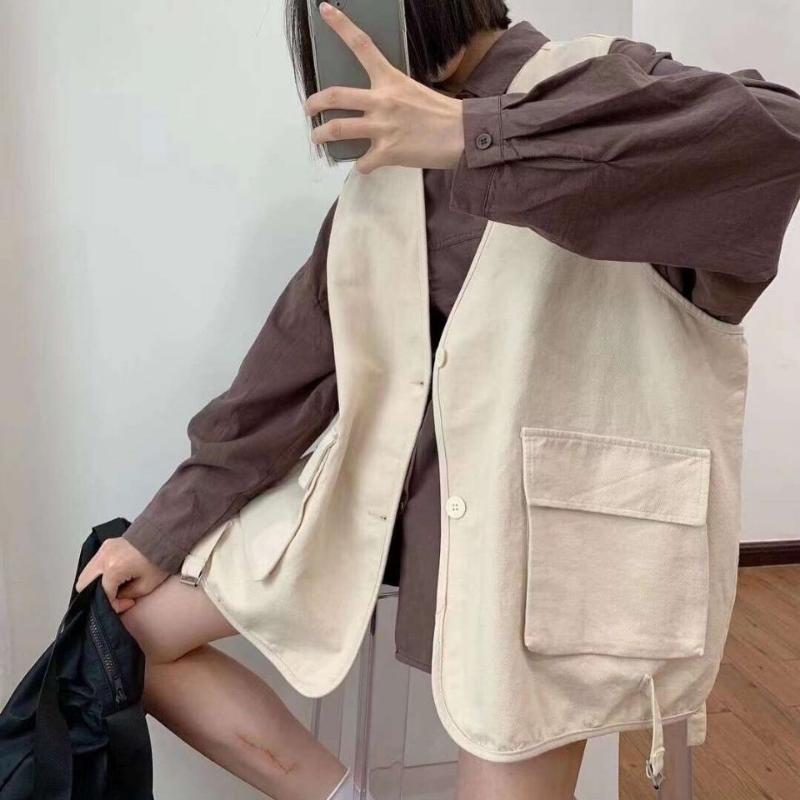 Weste Damen All-Match Outer Locker Workwear Große Größe Weste Japanisch Lässig Frühling Frühher Herbst Oberteile XXL beige von Joom DACH