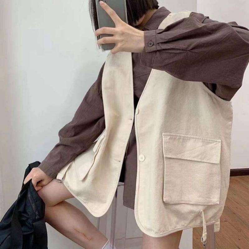 Weste Damen All-Match Outer Locker Workwear Große Größe Weste Japanisch Lässig Frühling Frühher Herbst Oberteile XXL beige von Joom DACH