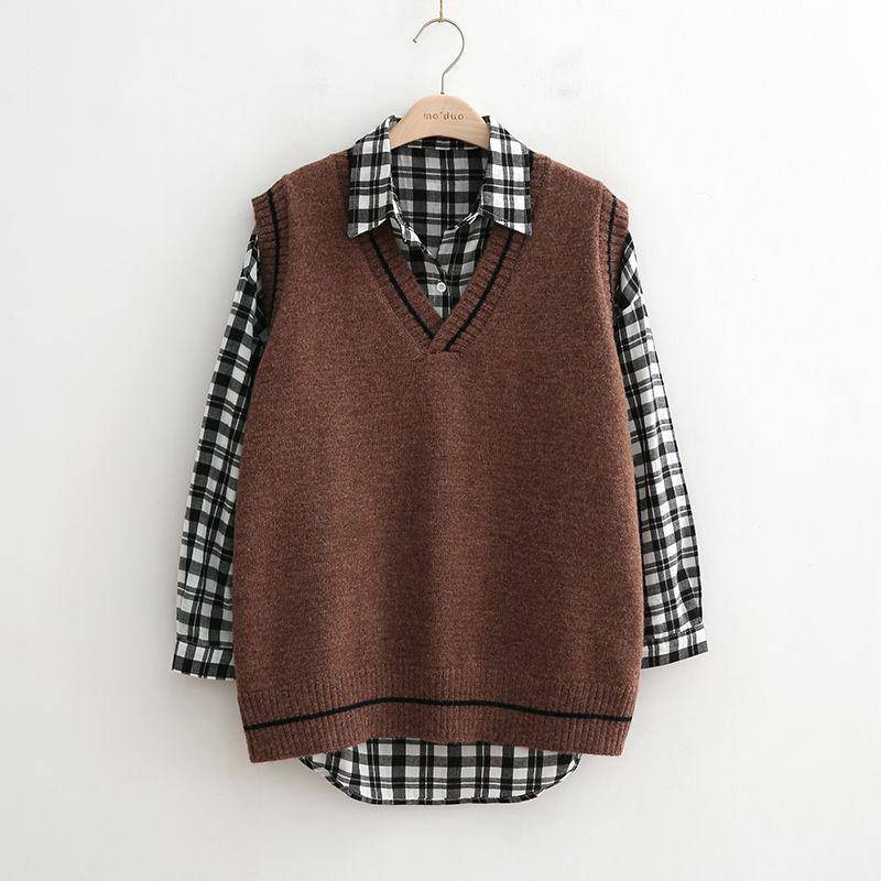 Weste Damen Herbst Koreanische Version Student V-Ausschnitt Lockerer Pullover Gestrickte Weste Camisole Ärmelloser Pullover für Damen XL kaffeebraun von Joom DACH
