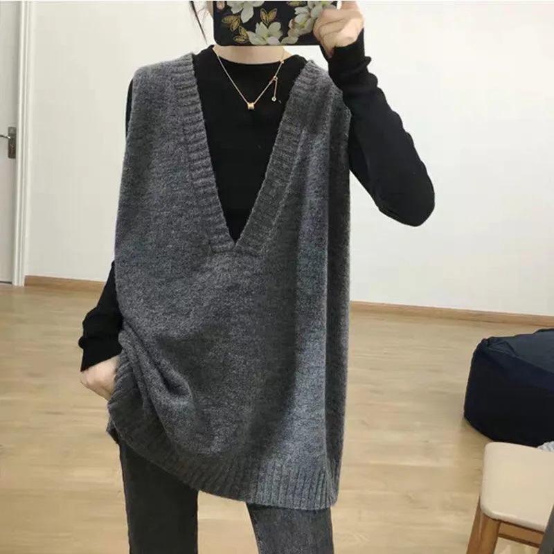 Weste Damen Herbstärmel V-Ausschnitt ärmelloser Strickpullover lässig lose einfarbige Pulloverwesten XL grau von Joom DACH