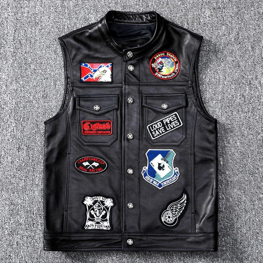 Weste First Layer Rindsleder Echtlederjacke Herren Kurz Slim Fit Multi-Logo Weste Jugendtrend XL schwarz von Joom DACH