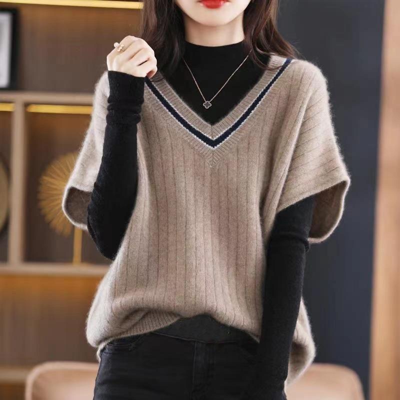 Weste Frauen V-ausschnitt Farbe Block Pullover 2023 Herbst/Winter Weste Fledermaus Ärmel Lose und Vielseitig Gestrickte Schatz Pullover Weibliche One Size khaki von Joom DACH