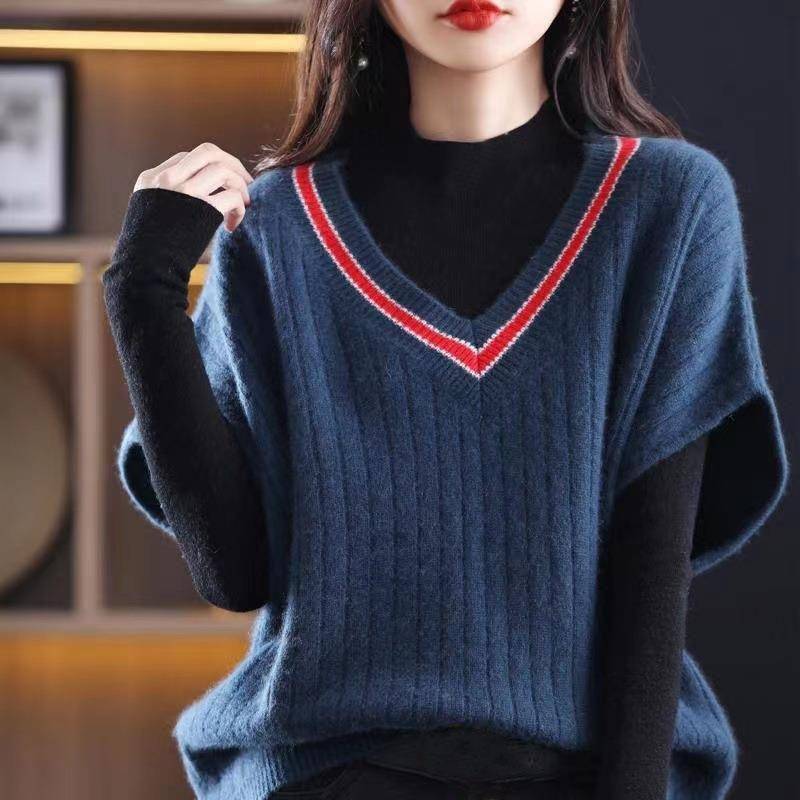 Weste Frauen V-ausschnitt Farbe Block Pullover 2023 Herbst/Winter Weste Fledermaus Ärmel Lose und Vielseitig Gestrickte Schatz Pullover Weibliche One Size navy blau von Joom DACH