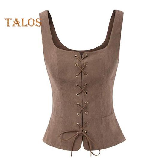 Weste für Damen mit Schnürung, Riemen, Renaissance, Vintage, quadratischer Ausschnitt, ärmellos, mittelalterlich, schmale Passform, einfarbig, Halloween, Cosplay, Performance-Oberteil M kaffeebraun von Joom DACH