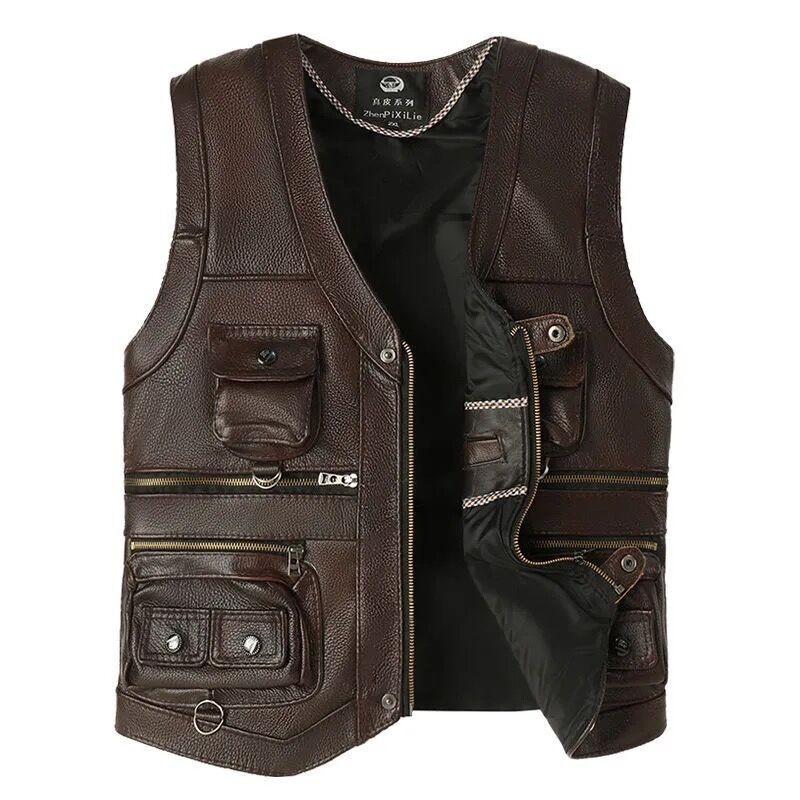 Weste für Herren, Rindsleder, echtes Leder, Weste für Herren, braun, ärmellose Jacke, dicke Motorradweste, mehrere Taschen, Reißverschluss XXXL Weste für Herren, Rindsleder, echtes Leder, Weste für Herren, braun, ärmellose Jacke, dicke Motorradweste, mehrere Taschen, Reißverschluss XXXL von Joom DACH