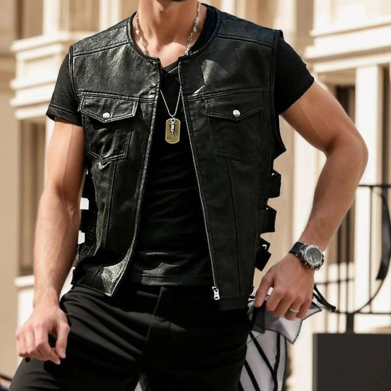 Weste für Herren Herren Punk Lederweste Gothic Side Hollow Out Motorrad Reißverschlussjacke Performance Kostüm Ärmellos Lockere Weste Wintermantel 3XL von Joom DACH
