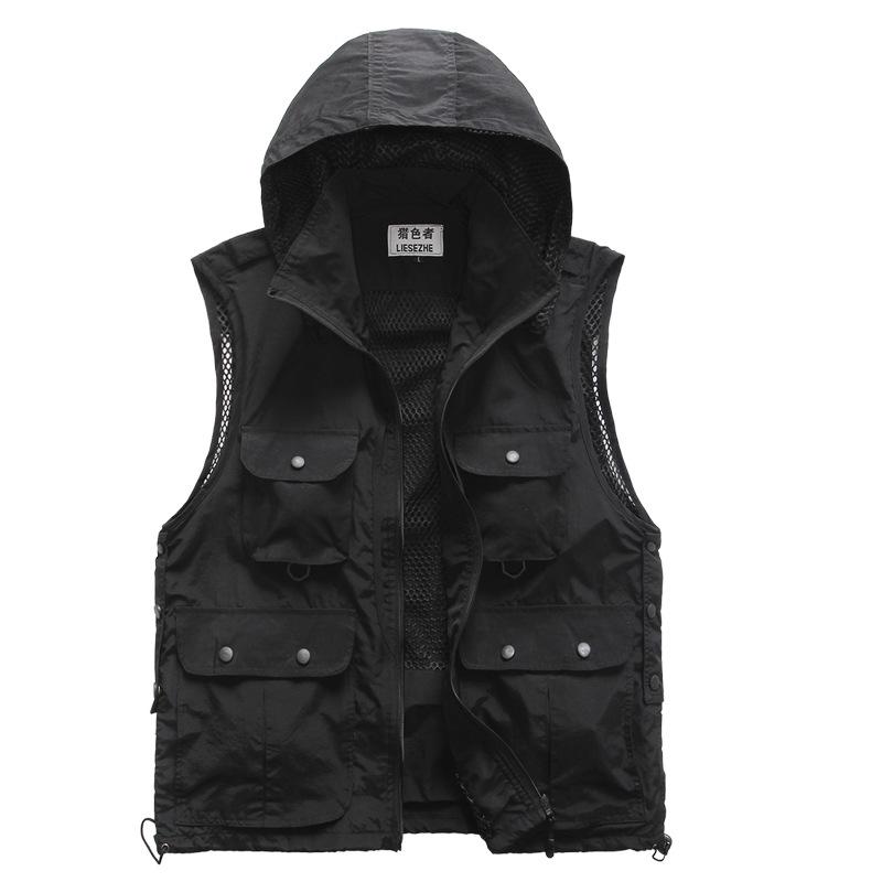 Westen mit Kapuze und mehreren Taschen für Männer und Frauen, Weste, Weste für Fotografen, Reporter, Freiwillige, Werkzeuge, Taschen, Arbeitsuniformen L schwarz von Joom DACH