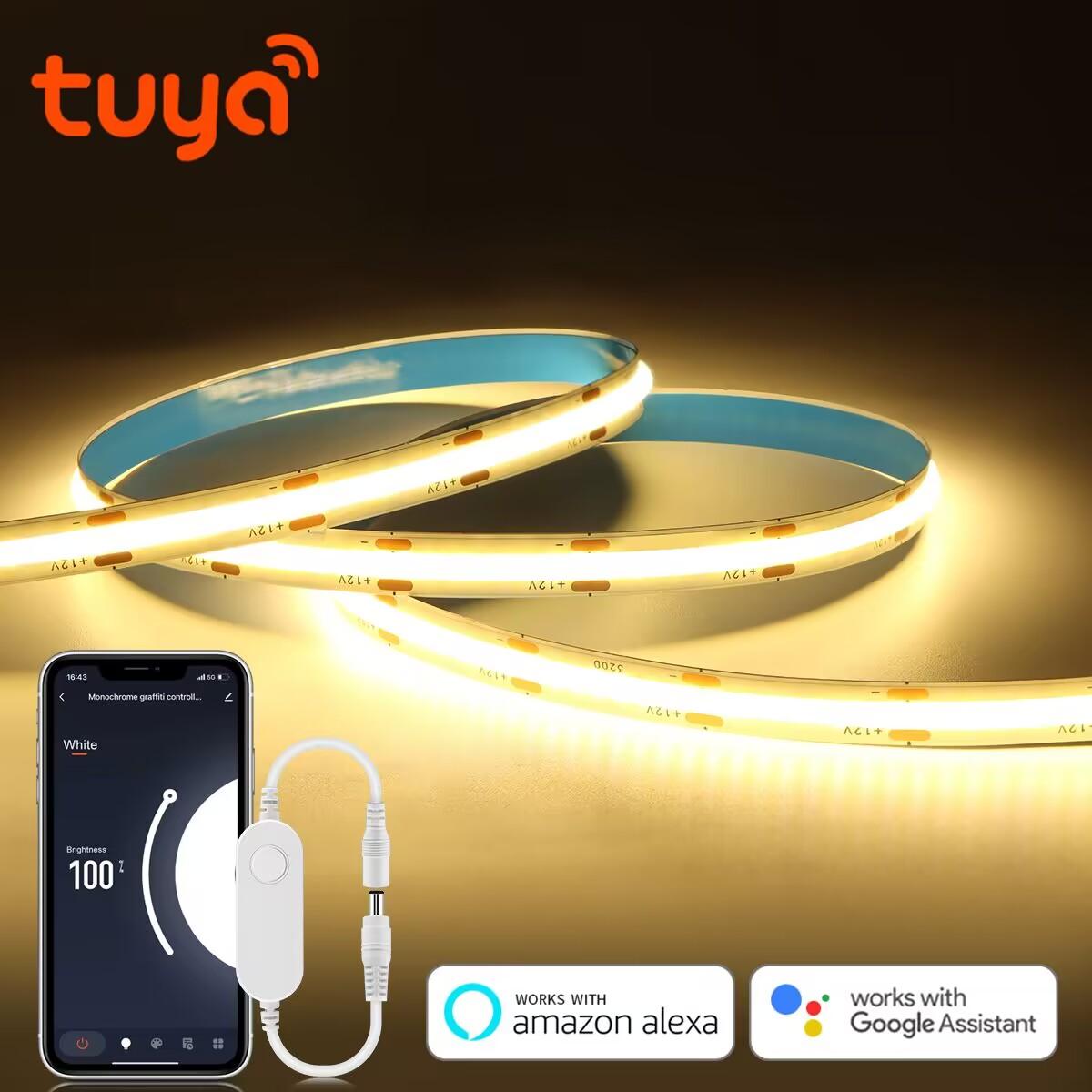 WiFi COB LED-Streifen Tuya Smart Life Schlafzimmer Nachtlampe Dimmbarer COB-Lichtstreifen Flexibles DIY-Bandlicht 12V App-Steuerung Funktioniert mit Alexa Google Home 5M von Joom DACH