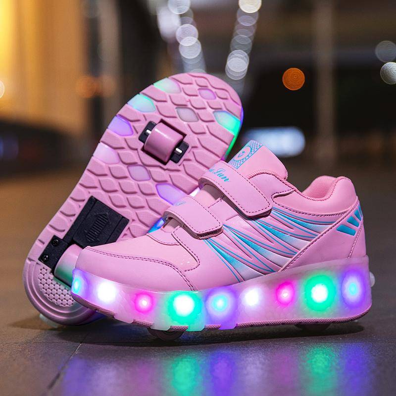 Wiederaufladbare Rollschuhe für Kinder, Doppelrollschuhe, Herren/Damen, LED-Beleuchtung, Schuhe, Turnschuhe 30 rosa von Joom DACH