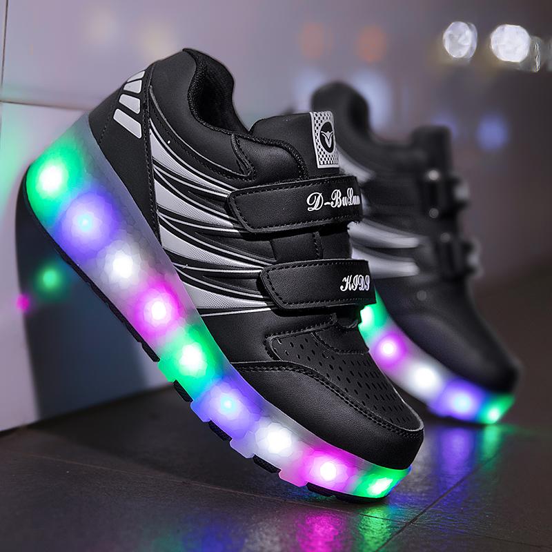 Wiederaufladbare Rollschuhe für Kinder, Doppelrollschuhe, Herren/Damen, LED-Beleuchtung, Schuhe, Turnschuhe 37 schwarz von Joom DACH
