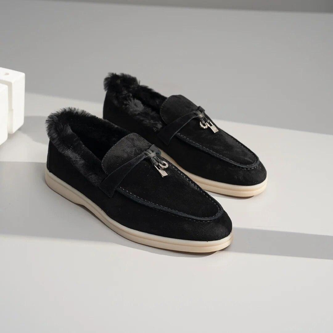 Wildleder-Slipper mit Rex-Kaninchenhaar, Winter-Leder-Damenschuhe auf Büro-Super-Comfort-Flache Schuhe für Damen LP 35 von Joom DACH